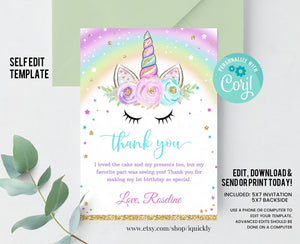 EDITABLE Unicorn Thank you card, Magical unicorn First Birthday Note card, Printable 1st Birthday Invite Template, Girl, Instant download