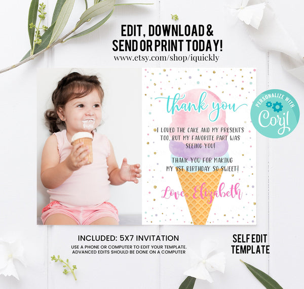 Editable Ice Cream Birthday Thank you card, Here's the Scoop Photo Pink Mint Gold Purple Thank you Note Printable Template Instant download