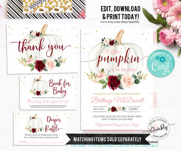 Pumpkin Baby Shower Favor tags EDITABLE, Burgundy little Pumpkin Thank you tags, Gift tags Girl Fall Autumn Printable Instant download