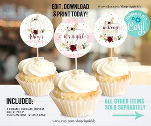 EDITABLE Pumpkin Baby Shower Cupcake toppers Floral Burgundy Girl little Pumpkin Baby Shower cake topper Fall Autumn Instant Download