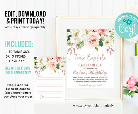 EDITABLE Floral Rose Gold Time Capsule and Matching Note Cards Floral Blush Rose Gold 1st Birthday Time Capsule Printable Instant download