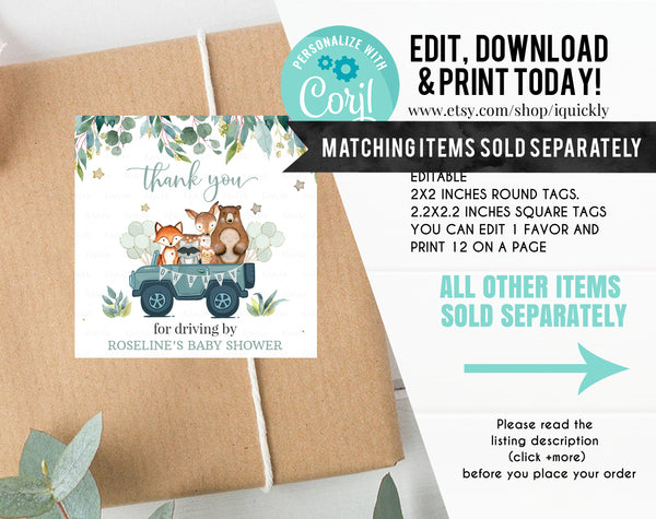 Editable Drive by Woodland thank you card, Shower by mail thank you card Drive Through Shower Drive-Thru printable Instant download
