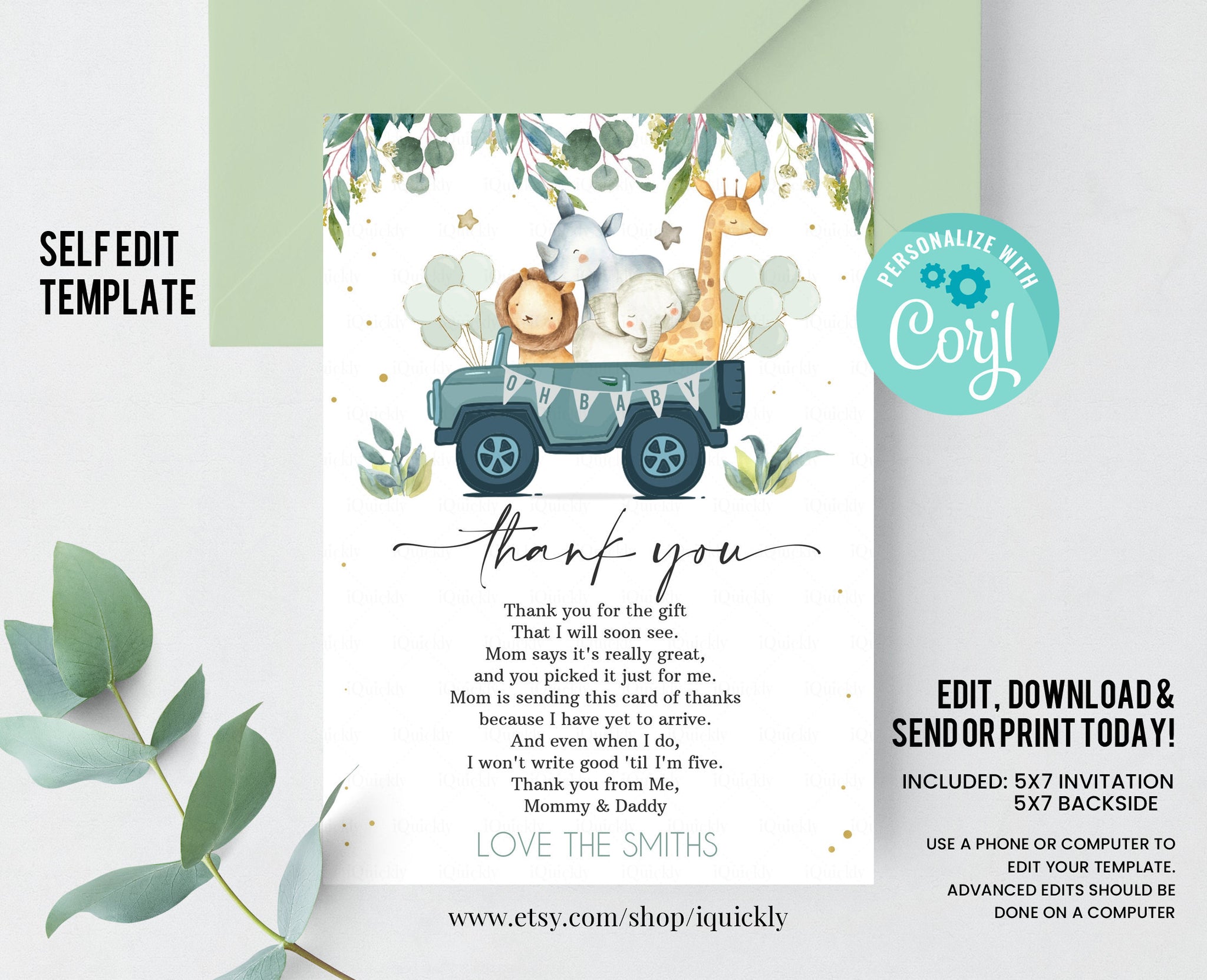 Editable Drive by Safari thank you card pink, Shower by mail thank you card Drive Through Shower Drive-Thru printable Instant download