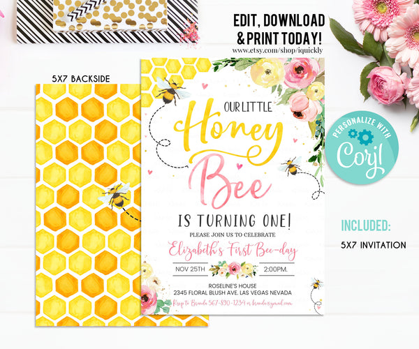 Editable Bee Birthday Invitation Honey Bee Birthday Party Bee 1st Birthday Bumble Bee theme Invites Printable template Instant download