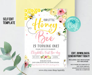 Editable Bee Birthday Invitation Honey Bee Birthday Party Bee 1st Birthday Bumble Bee theme Invites Printable template Instant download