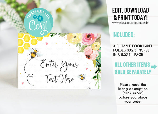 EDITABLE Bee Food tags, Girl Buffet label, Little Honey bee Tent card Food Labels Place Cards Table Card Printable Template Instant download