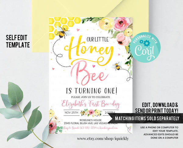 EDITABLE Bee Banner, Honey Bee Happy Birthday Banner, Printable 1st Birthday buting banner, Baby Shower Template Instant download