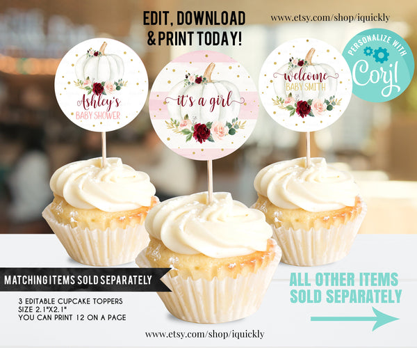 Editable Pumpkin Baby Shower Favor tags, Burgundy Little pumpkin Thank you tags, Gift tags White pumpkin Theme Instant download Template