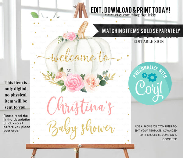 EDITABLE Pumpkin Baby Shower Invitation, Floral Pink and gold Girl little Pumpkin Baby Shower Invites, Fall Autumn Instant Download Template