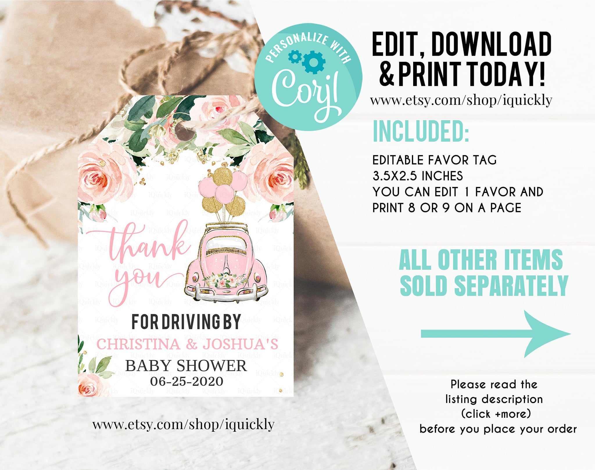 Editable Drive By Baby Shower Favor tags Pink Floral Drive Through Thank you tags, Gift tags Girl Social Distancing Quarantine Download