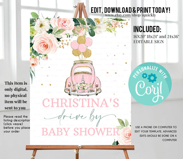 Editable Drive By Baby Shower Sign Pink Floral Drive Through Welcome sign, Party sign Girl Social Distancing Quarantine Instant Download