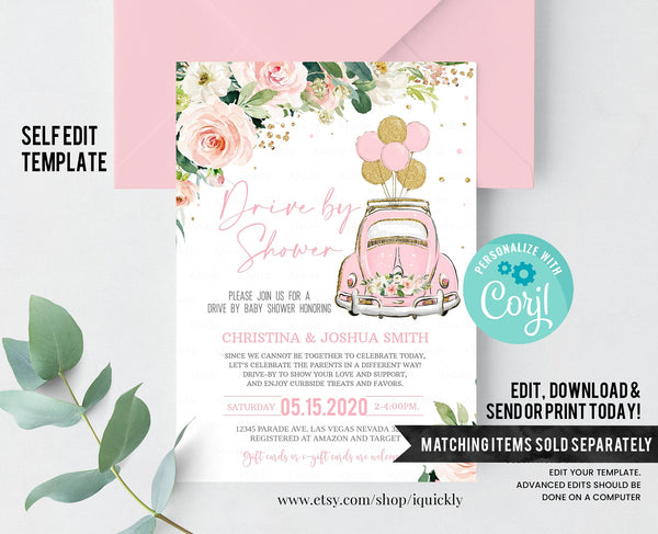 Editable Drive By Baby Shower Sign Pink Floral Drive Through Welcome sign, Party sign Girl Social Distancing Quarantine Instant Download