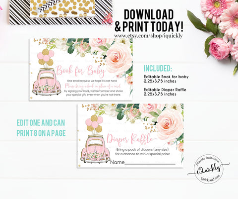 Editable Pink Floral Baby Shower Diaper Raffle,  Book for Baby, Bring a book in place of a card Drive Through Theme Digital Instant download