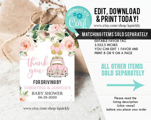 Editable Drive By Baby Shower Favor tags Pink Floral Drive Through Thank you tags, Gift tags Girl Social Distancing Quarantine Download