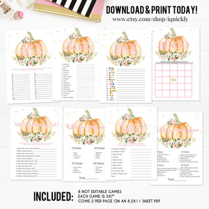 Pumpkin Baby Shower Games Bundle, Floral Pink and gold Girl little Pumpkin Game package Baby Shower Game Pack, Fall Autumn Instant Download