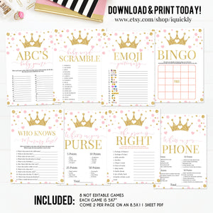 Princess Baby Shower Games, Pink and gold Baby Shower Game Bundle, Little Princess Gold Emoji Bingo Instant Download Digital Printable