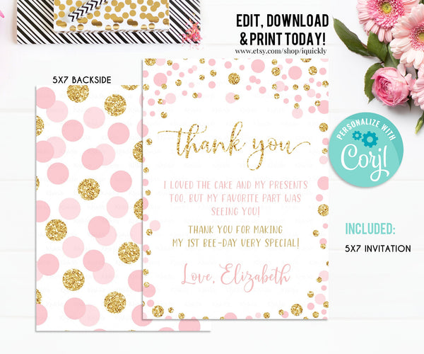 EDITABLE Pink and gold Thank you card, First Birthday Note card, Printable 1st Birthday Invite Template, Girl Boho, One Instant download