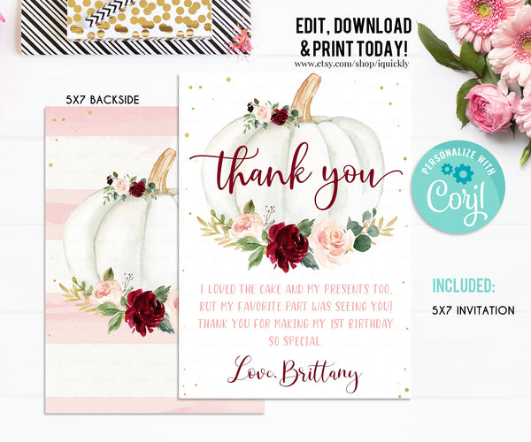 EDITABLE Pumpkin Thank you card Floral Pink and gold Girl Pumpkin First birthday Note card Fall Autumn Instant Download Template