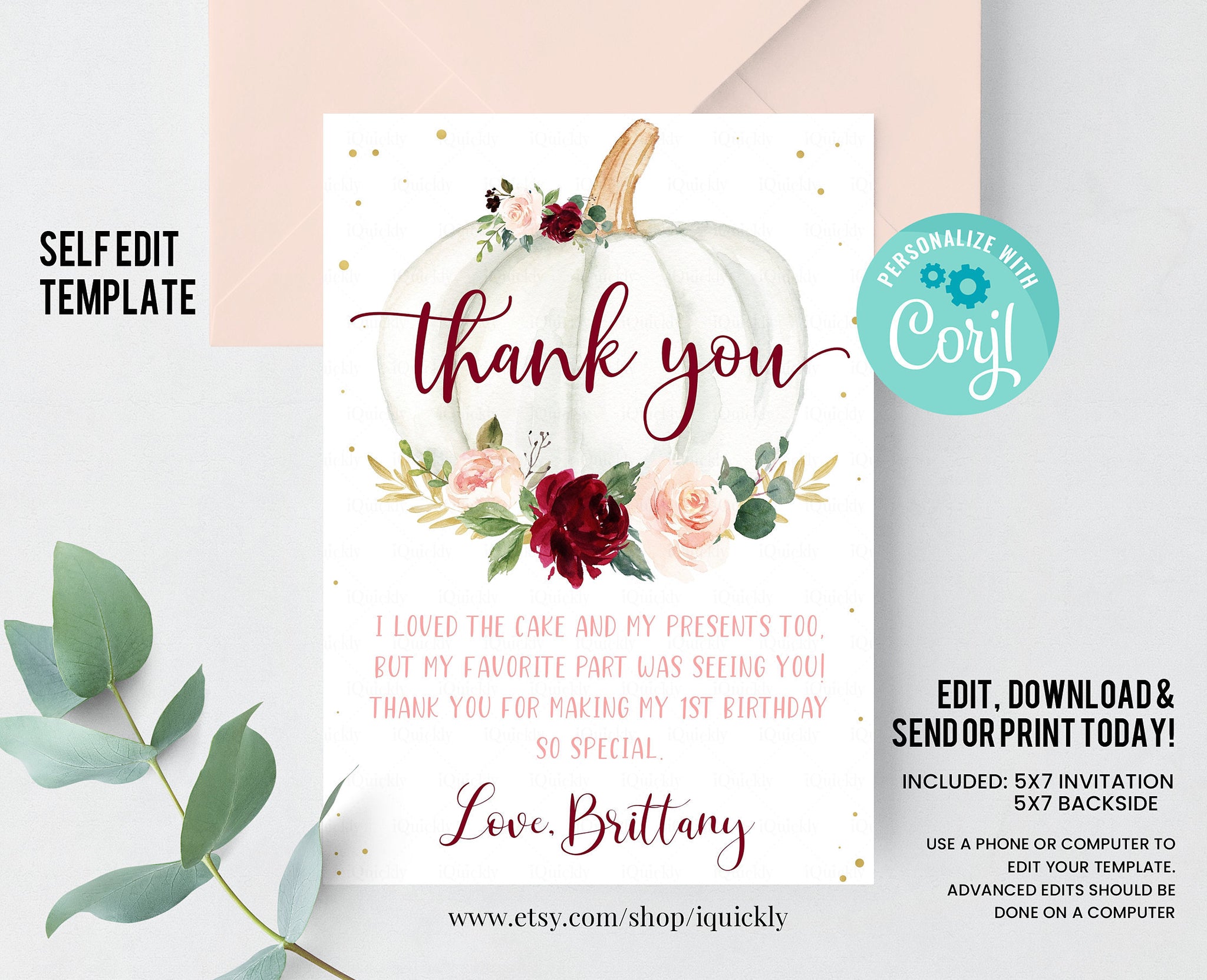 EDITABLE Pumpkin Thank you card Floral Pink and gold Girl Pumpkin First birthday Note card Fall Autumn Instant Download Template