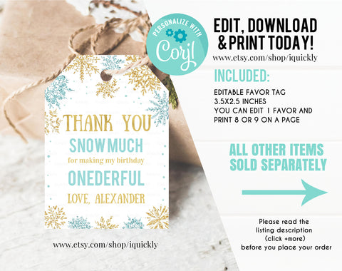 Editable Winter Onederland favor tags, Thank you tags, Gift Tags Boy Snowflake First Birthday Blue and gold Winter Template Instant download