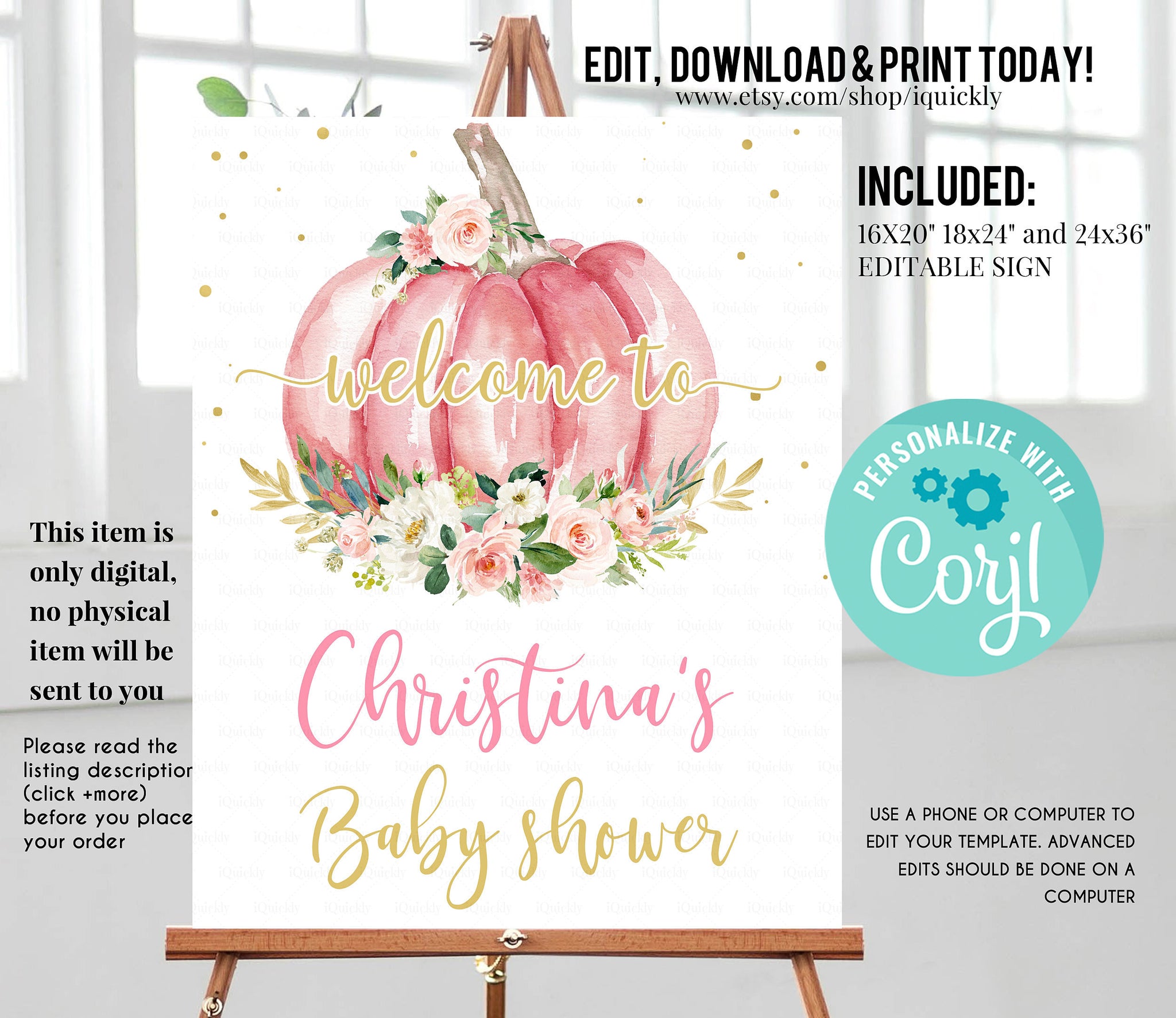 EDITABLE Pumpkin Floral Baby Shower Welcome sign, Pink and gold Pumpkin Sign Decorations Flower White Instant download Template Printable