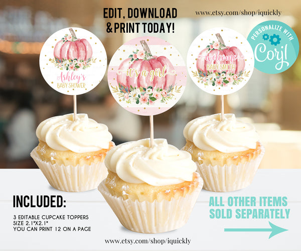 EDITABLE Pumpkin Baby Shower Cupcake toppers, Floral Pink and gold Girl little Pumpkin Baby Shower cake topper, Fall Autumn Instant Download