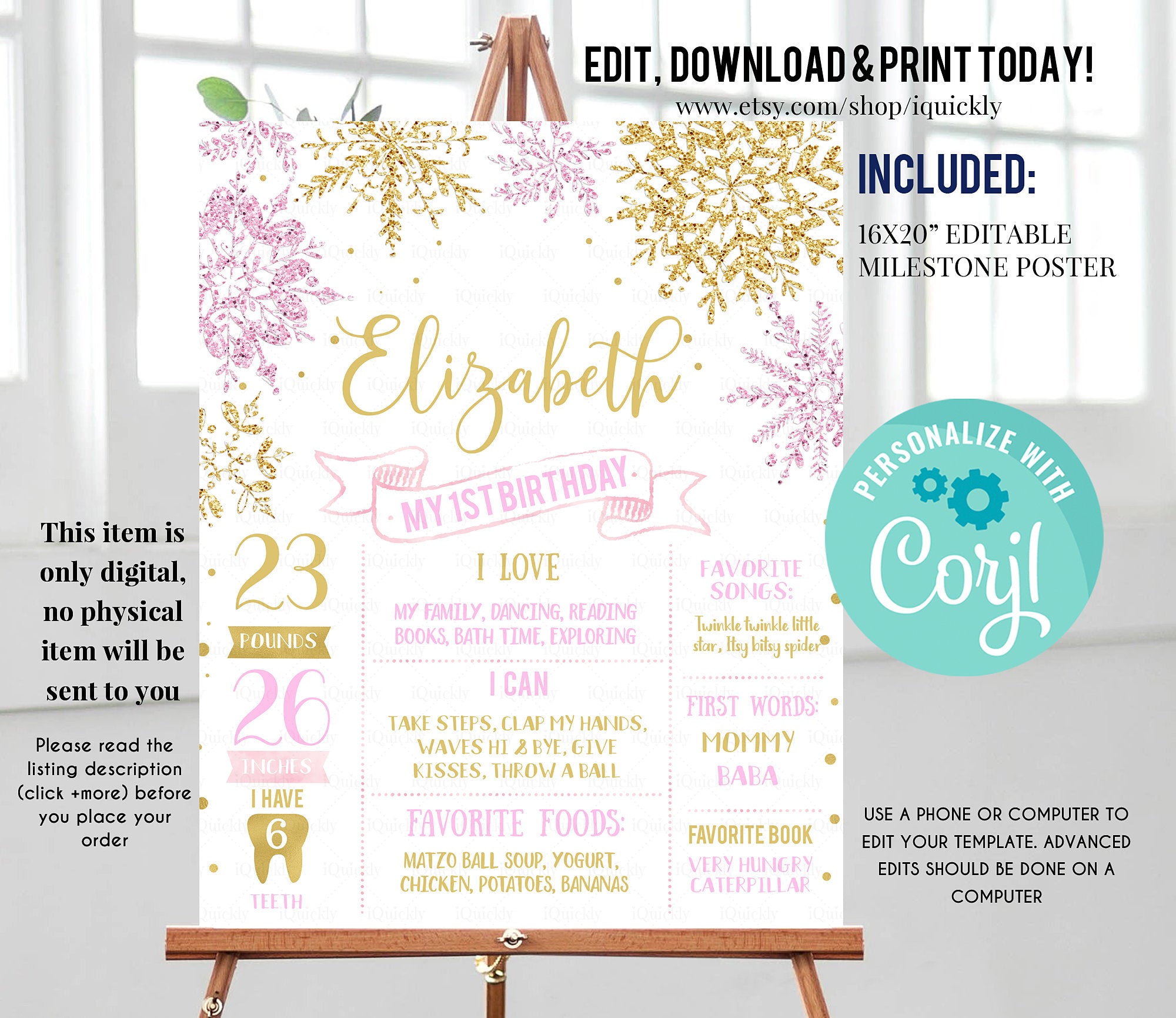 Winter Onederland Milestone Birthday Poster, EDITABLE Snowflakes First Birthday Chalkboard sign, Pink gold 1st birthday poster download