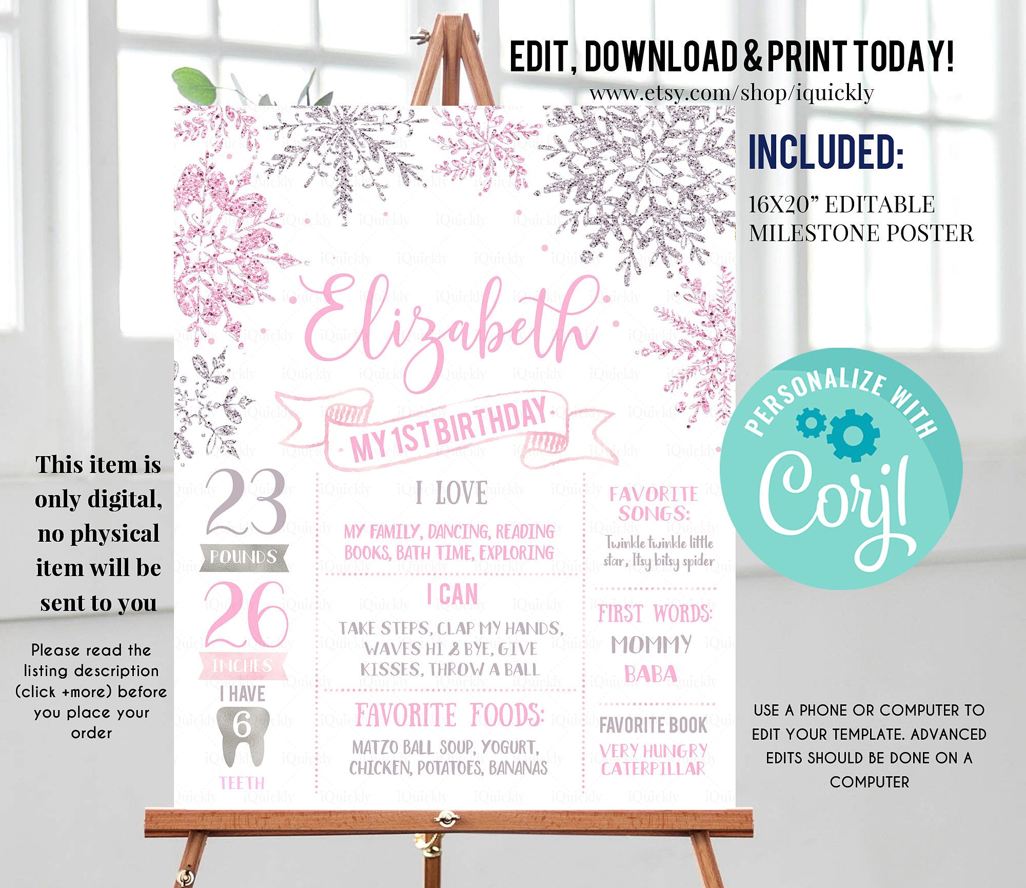 Winter Onederland Milestone Birthday Poster, EDITABLE Snowflakes First Birthday Chalkboard sign, Pink Silver 1st birthday poster download