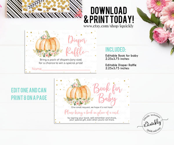Editable Pumpkin Baby Shower Diaper Raffle, Little pumpkin Book for Baby, Bring a book in place of a card Theme Digital, Instant download