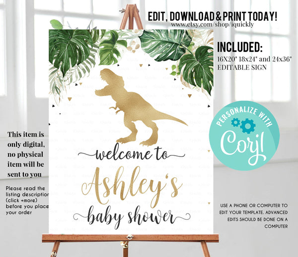 EDITABLE Dinosaur Baby Shower Welcome sign, Dino T-Rex Green and gold Sign, Party Decorations Instant download Template Printable