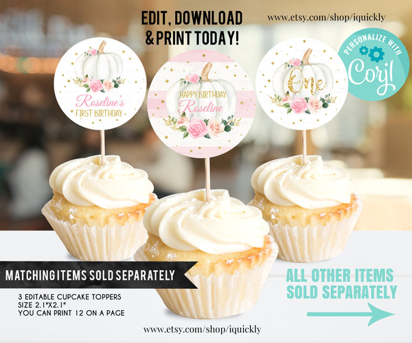 Pumpkin Birthday Favor tags EDITABLE, Pink and gold little Pumpkin Thank you tags, Gift tags Fall Autumn Printable Instant download