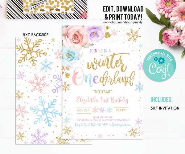 Editable WINTER ONEderland Birthday Invitation Pink Blue Purple Gold Winter ONEderland Invitation Floral Winter Party Instant Download