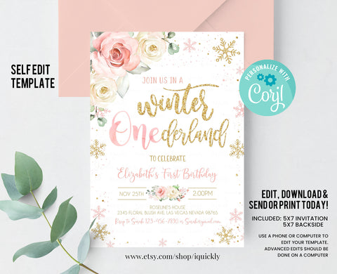 Editable WINTER ONEderland Birthday Invitation Pink and Gold Winter ONEderland Invitation 1st Floral Snowflake Winter Party Instant Download