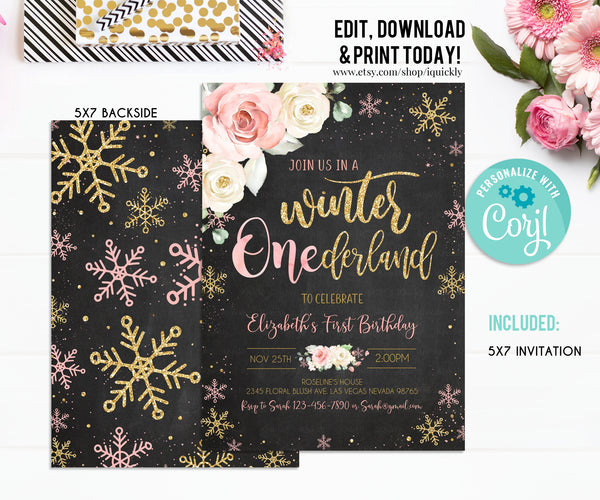 Editable WINTER ONEderland Birthday Invitation Pink and Gold Winter ONEderland Invitation Floral Snowflake Winter Party Instant Download