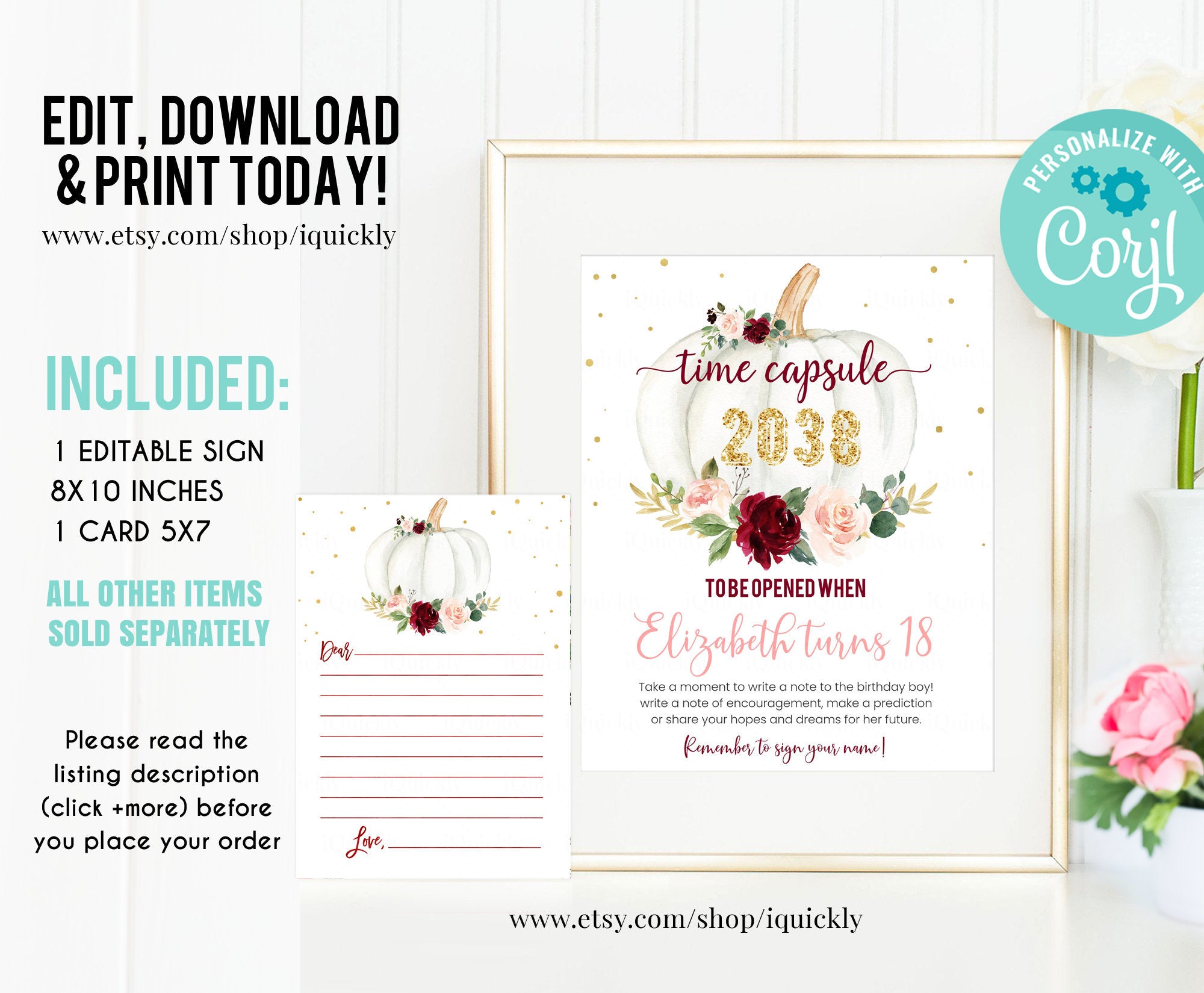 EDITABLE Pumpkin Time Capsule and Matching Note Cards, Little pumpkin Pink Burgundy 1st Birthday Time Capsule, Fall Autumn Instant download