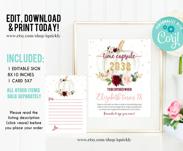 EDITABLE Pumpkin Time Capsule and Matching Note Cards, Little pumpkin Pink Burgundy 1st Birthday Time Capsule, Fall Autumn Instant download