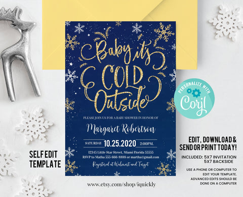 EDITABLE Baby Its Cold Outside Baby Shower Invitation, Boy Snowflake Baby Shower invite, Drive by Winter Navy and Gold Download Template