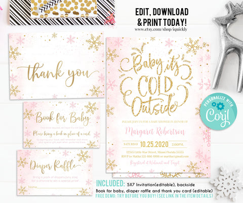 EDITABLE Baby It's Cold Outside Baby Shower Invitation Set Snowflake Girl Shower package Winter Invite Pink and Gold Pack Download Template