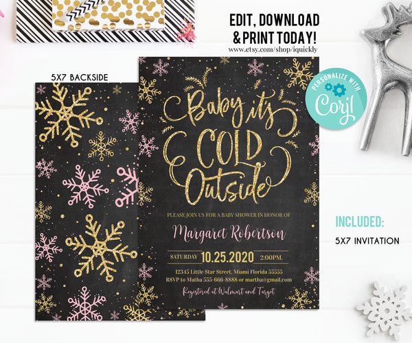 EDITABLE Baby It's Cold Outside Baby Shower Invitation Set Snowflake Girl Shower package Winter Invite Pink and Gold Pack Download Template