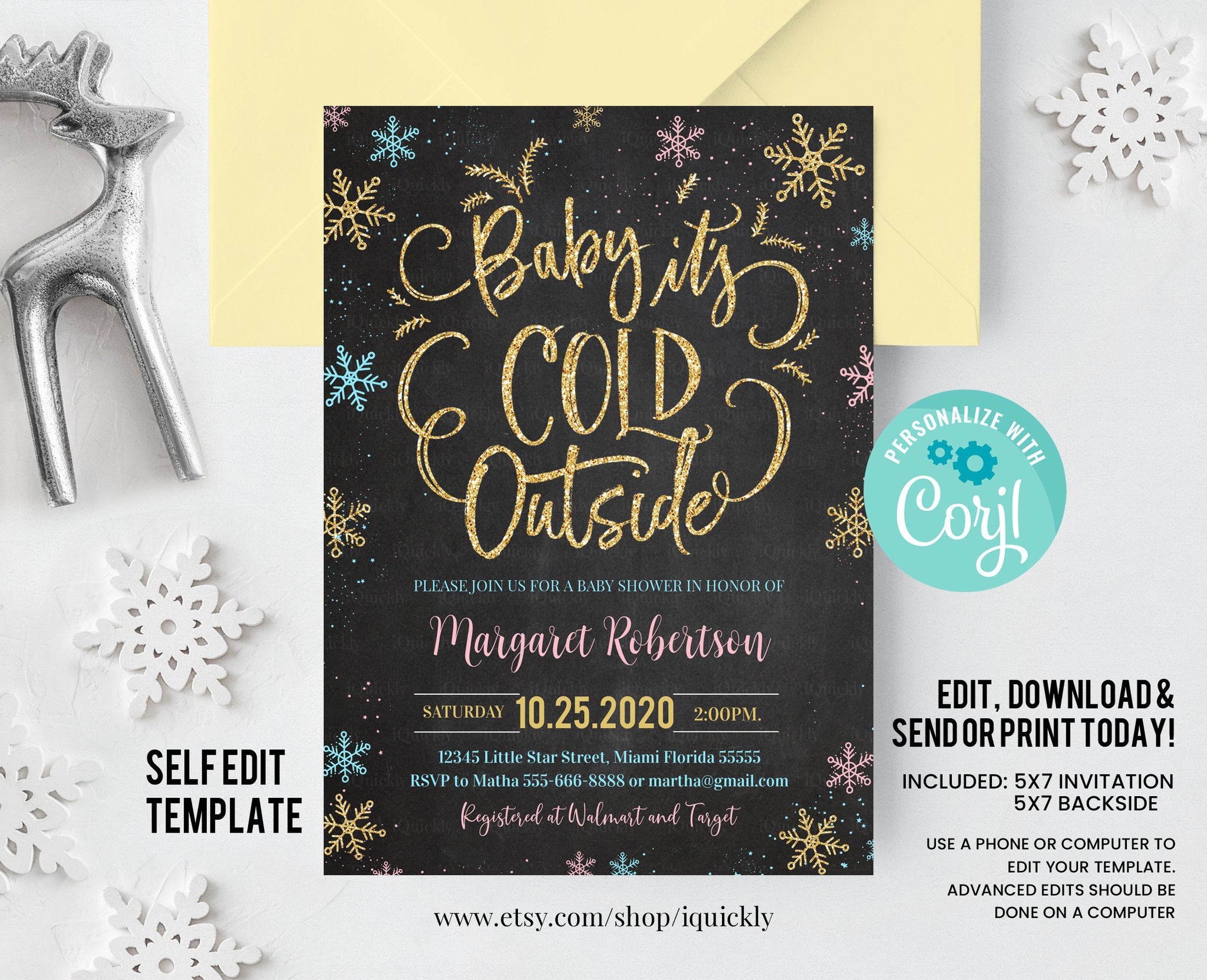 Editable Baby Its Cold Outside Baby Shower Invitation, Snowflakes Shower Invite, Winter Invitations Gender Reveal Template Instant download