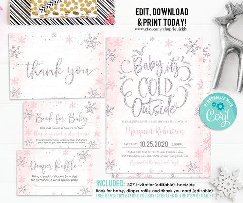 EDITABLE Baby It's Cold Outside Baby Shower Invitation Set Snowflake Girl Shower package Winter Invite Pink Silver Pack Download Template