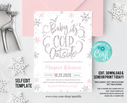 EDITABLE Baby Its Cold Outside Baby Shower Invitation, Girl Snowflake Baby Shower invite, Drive by Winter Pink Silver Download Template