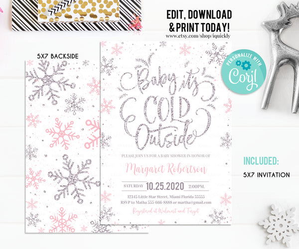 EDITABLE Baby It's Cold Outside Baby Shower Invitation Set Snowflake Girl Shower package Winter Invite Pink Silver Pack Download Template