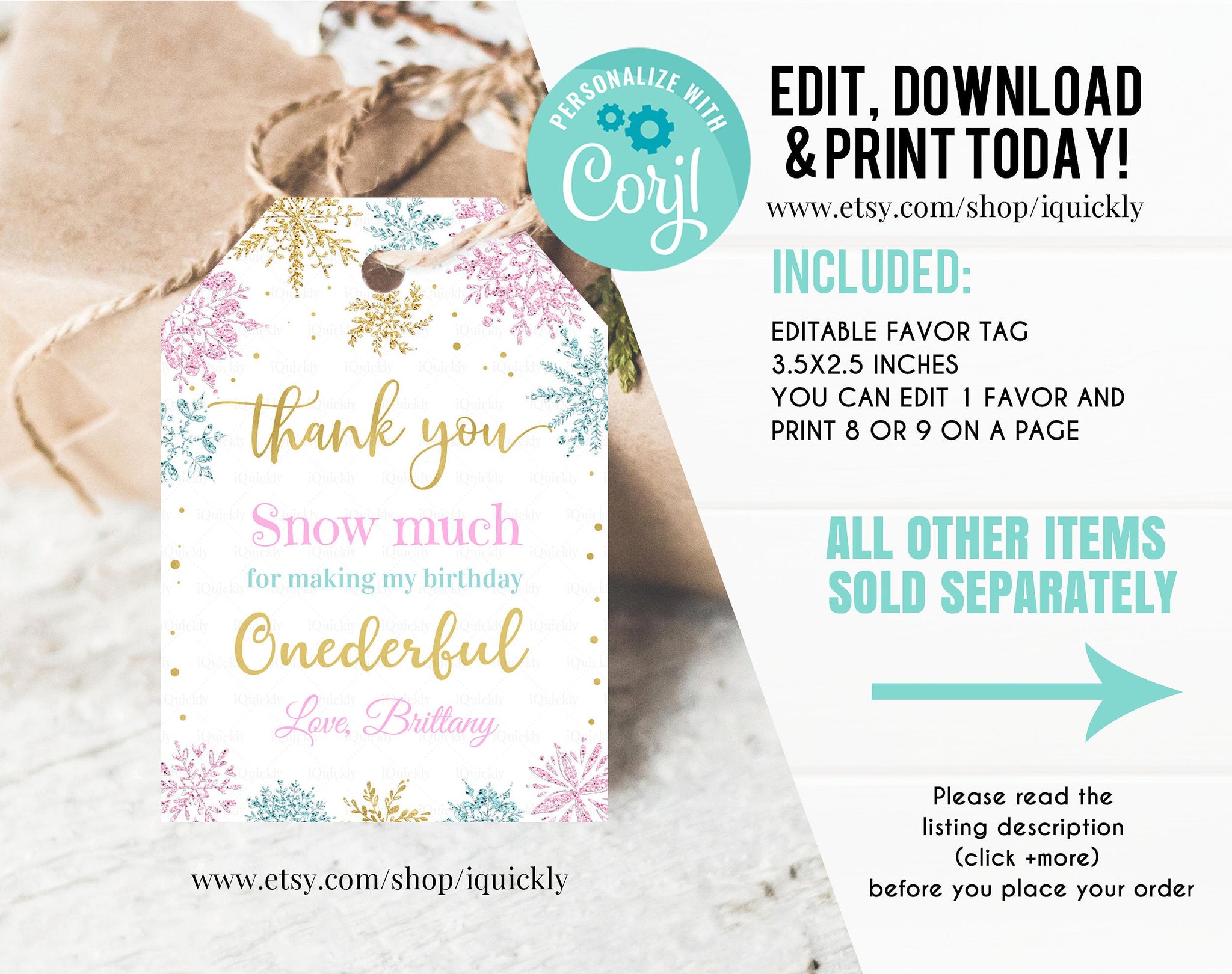 Editable Snowflake Baby shower favor tags, Thank you tags Gift Tags Pink blue and gold Winter wonderland Template printable instant download