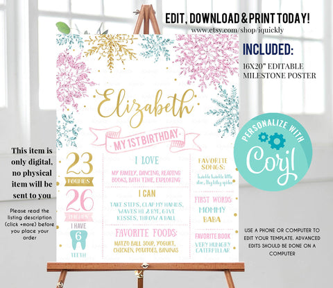 Winter Onederland Milestone Birthday Poster, EDITABLE Snowflakes First Birthday Chalkboard sign, Blue Pink gold 1st birthday poster download