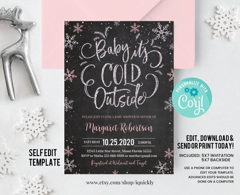 EDITABLE Baby Its Cold Outside Baby Shower Invitation, Girl Snowflake Baby Shower invite, Drive by Winter Pink Silver Download Template