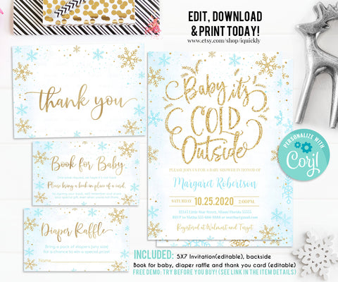 EDITABLE Baby It's Cold Outside Baby Shower Invitation Set, Snowflake Boy Shower package, Winter Invite Blue and Gold Pack Download Template