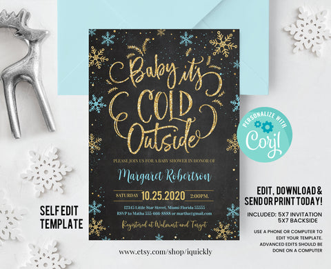 EDITABLE Baby Its Cold Outside Baby Shower Invitation, Boy Snowflake Baby Shower invite, Drive by Winter Blue and Gold Download Template