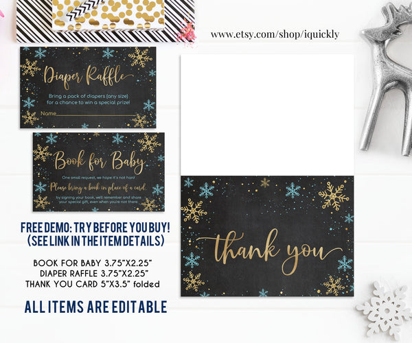 EDITABLE Baby It's Cold Outside Baby Shower Invitation Set, Snowflake Boy Shower package, Winter Invite Blue and Gold Pack Download Template