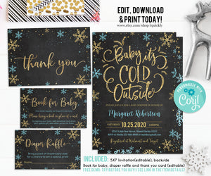 EDITABLE Baby It's Cold Outside Baby Shower Invitation Set, Snowflake Boy Shower package, Winter Invite Blue and Gold Pack Download Template